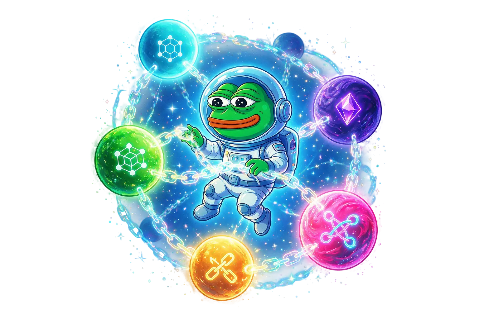 Astronaut pepe floating between chained planets