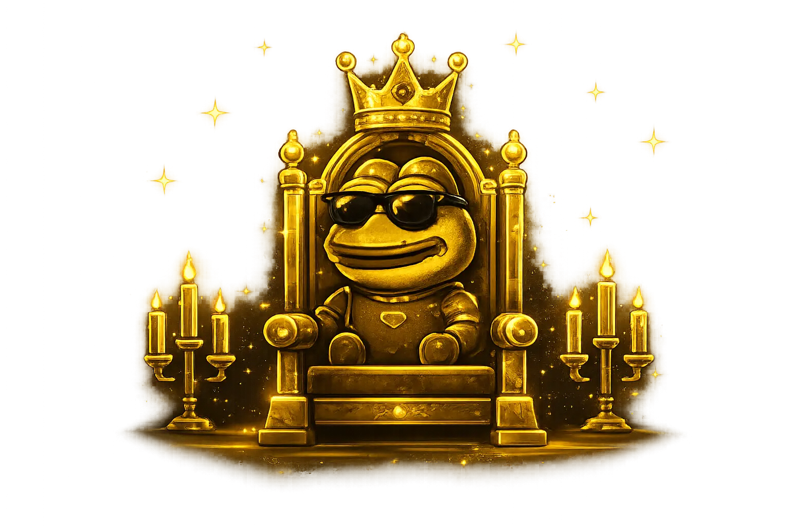 Golden pepe king sitting on a throne